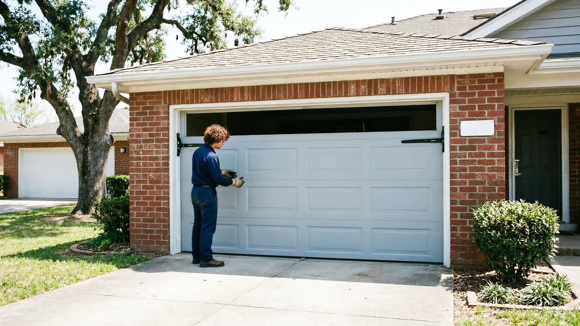 A technician in a blue uniform is working on a light gray garage door.