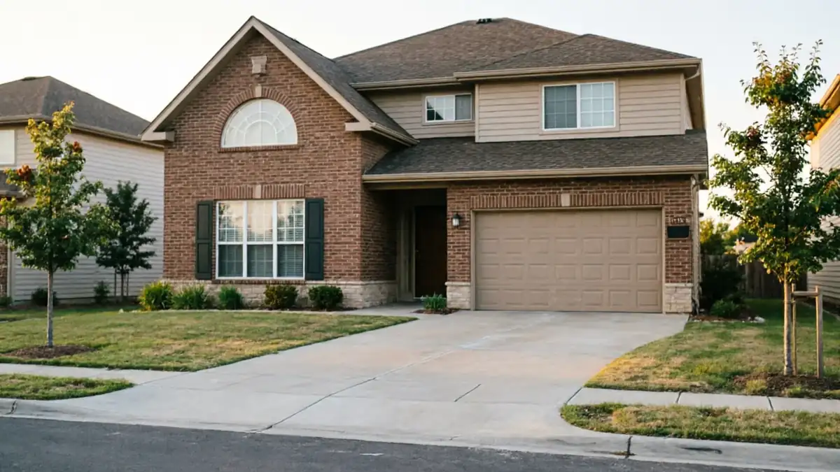A two-story brick house has a tan garage door and a concrete driveway.