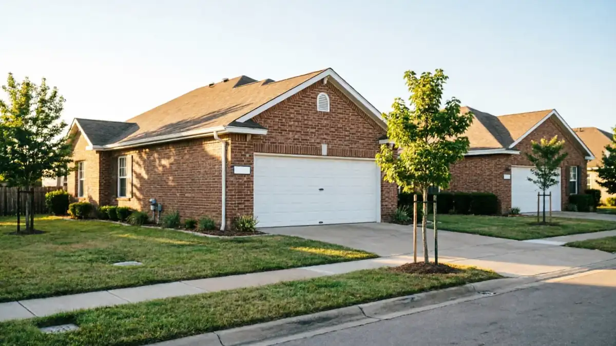 A white garage door is on a brick house with a brown roof.