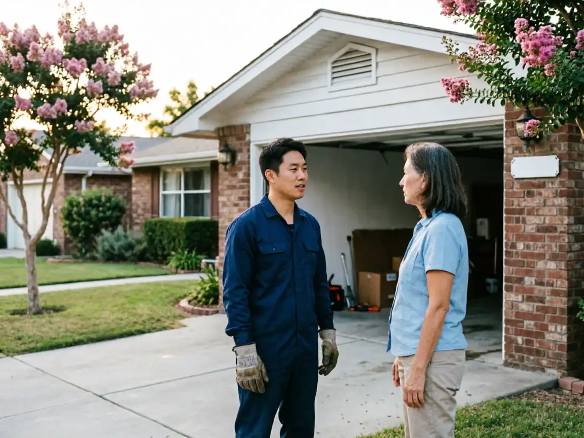 A technician in a blue uniform talks to a woman in front of a garage.