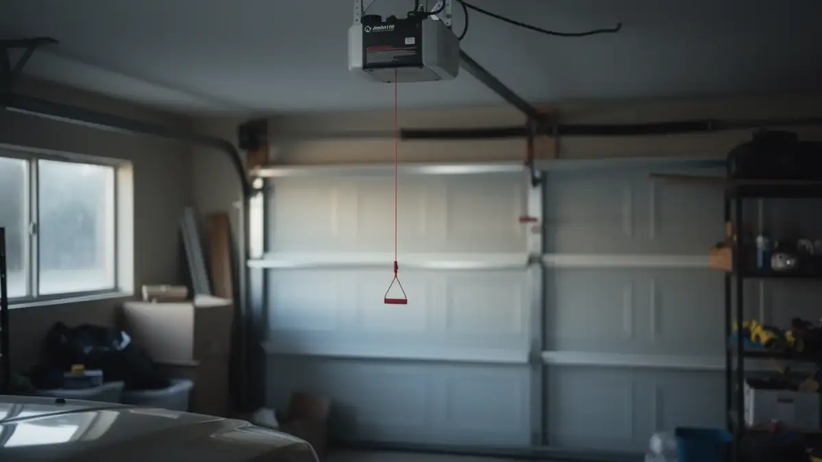 A garage door opener hangs from the ceiling with a red emergency release rope.