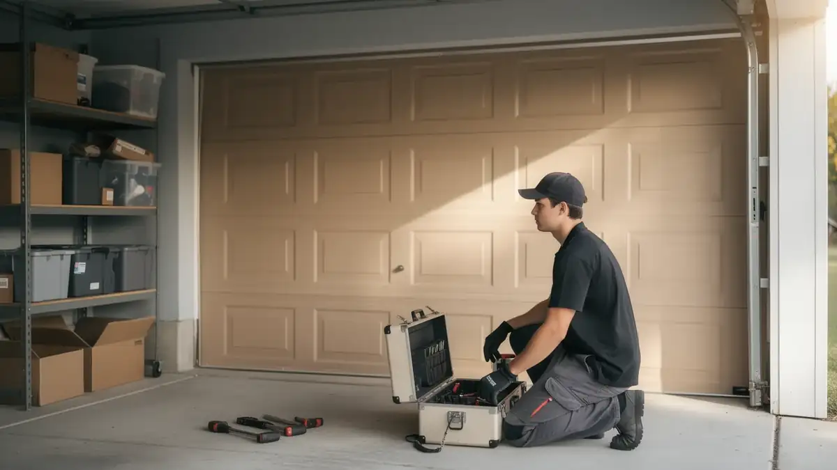 A technician kneels in a garage, looking at an open toolbox in front of a closed garage door.
